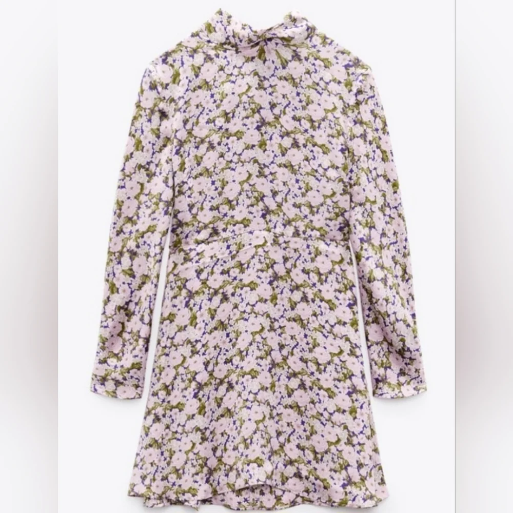 (SOLD) ZARA Satin Effect Mock Neck Longsleeve Dress XL, Purple/Green - Picture 3 of 12